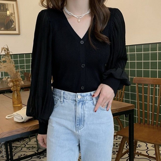 아이엠몽 여성 벌룬소매 시스루 긴팔 블라우스