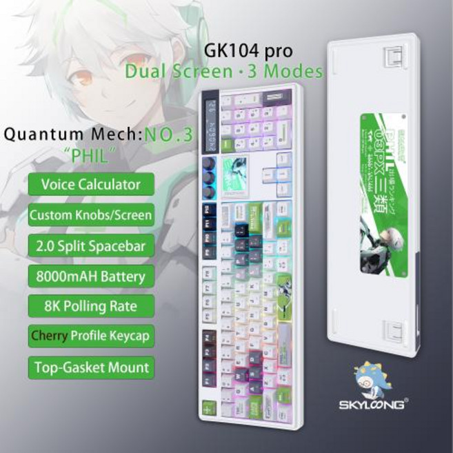 접이식 키보드 SKYLOONG GK104 Pro 풀사이즈 3모드 Bluetooth 무선 기계식 3.0 LED 화면 사용자 정의 가능한 손잡이 3개 RGB 백라이트 핫스왑 가능 PB, Silent CuCl2, No.3 Phil-Cherry, 적축