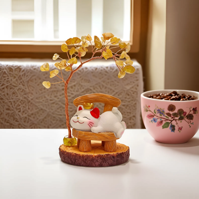 럭키리우 돈나무 황금나무 마네키네코 장식 4종 행운 재물운 인테리어 소품, 휴식 고양이