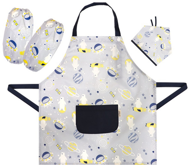 더해피 백곰 그레이 아동 버튼형 앞치마+두건