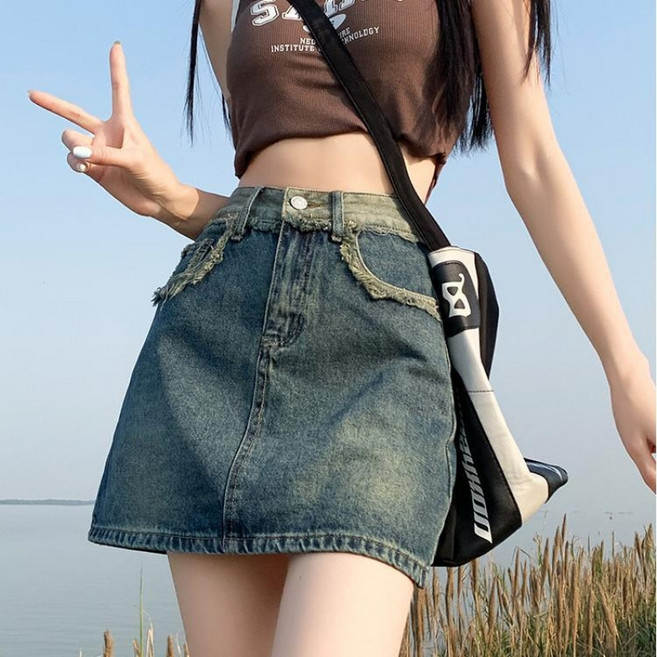 lofei 여성 여름 하이웨스트 언발 데님 미니스커트