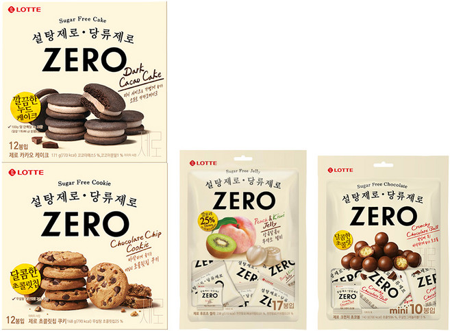 (4종세트) 제로 카카오케이크+초콜릿칩쿠키+후르츠젤리+크런치초코볼 717g 설탕제로 당류 슈가 프리 저당 저칼로리 다이어트 간식, 1개