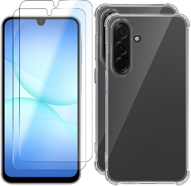 스톤스틸 갤럭시 A17 액정 보호 강화유리필름 + 투명 범퍼 케이스, 2세트