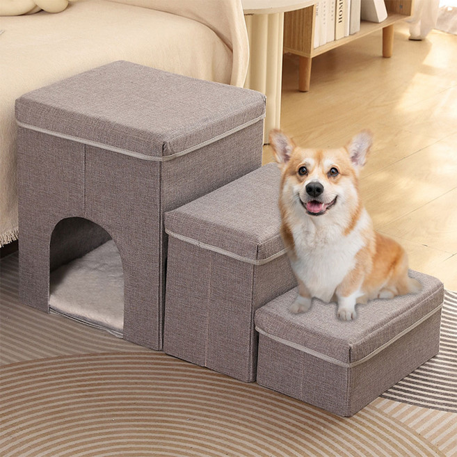 반려동물 강아지 수납형 3단 계단 침대용 펫스텝, 그레이
