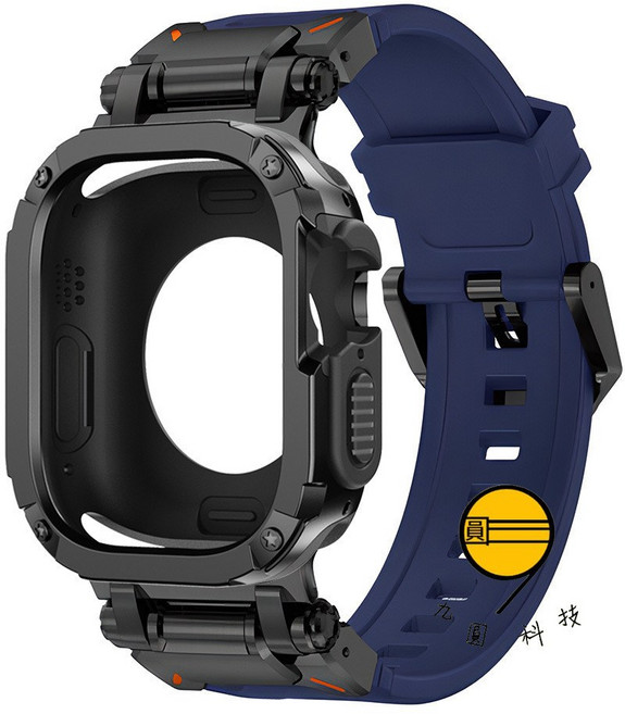 硅膠防水錶帶 適用於 蘋果手錶, 鎧甲黑藍錶帶+黑色鎧甲殼,49mm（Ultra1/2/3）通用, 1個