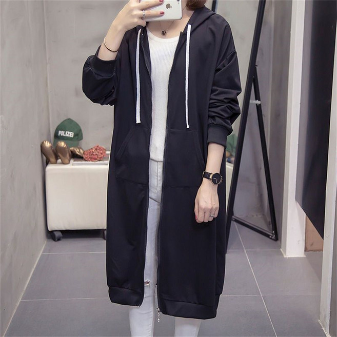 TKX 여성용 캐주얼 후드 롱 코트 지퍼 오픈 프론트 포켓 봄 가을 데일리 아우터 얇은 소재 K35