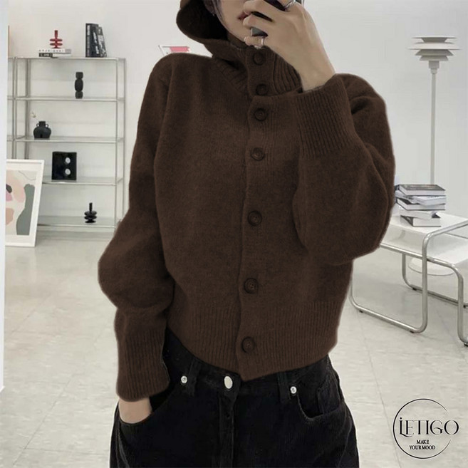 레티고 키치 루즈핏 터틀넥 긴팔 후드 니트 가디건