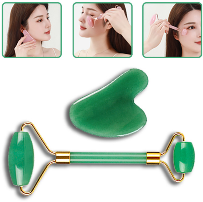 올라이이프지 얼굴 페이스 괄사 롤러 리프팅 마사지 도구 세트, 네츄럴 그린, 1세트