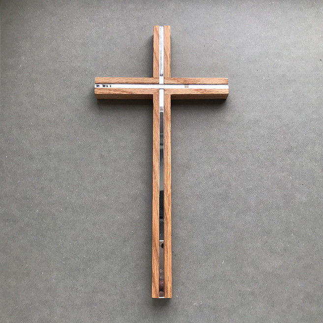 오크 원목 미러 인레이 벽걸이 십자가 장식 인테리어 소품, 실버색[33*16.5cm]