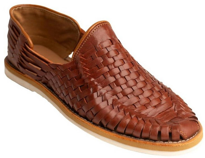 Mexico en la Piel 남성용 핸드메이드 가죽 Huaraches 슬립온 샌들 - 천연 우븐 가죽 편안하고 통기성이 좋은 캐주얼 신발 - 탠 & 셰드론 Shedron