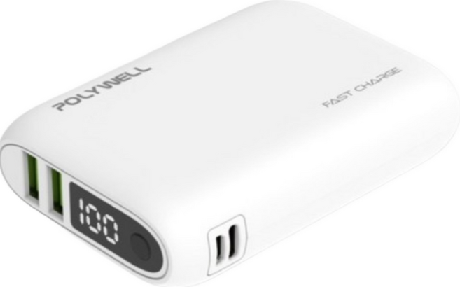 寶利威爾 POLYWELL 雙向快充行動電源 10000mAh 18W 雙USB Type-C, DZ0220, 白色