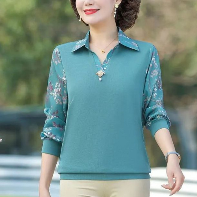 중년 여성 봄 가을 칼라 긴팔 티셔츠 플라워 패턴 배색 블라우스 우아한 상의 YLP