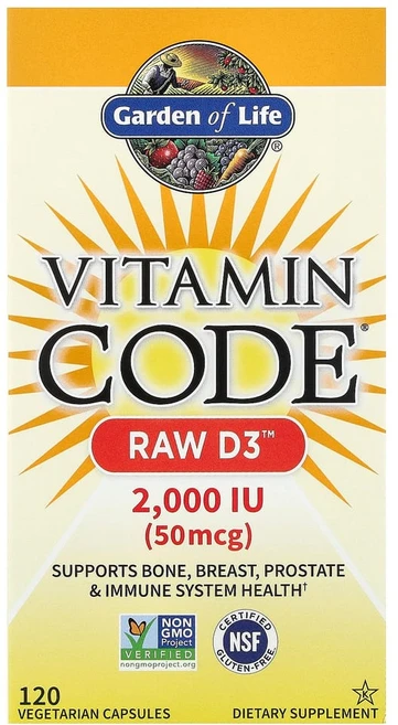 가든오브라이프 비타민 코드 로우 비타민D3 50mcg 2000IU 120베지캡슐 펩티데이스 셀룰레이스 Phytase Lipase Cellulase Protease Xylanase, 1개, 120정 - 쿠팡