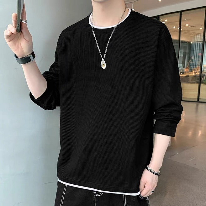 春秋季 素色 華夫格長袖T恤 大碼 【M-8XL】 寬鬆 休閒 百搭 圓領