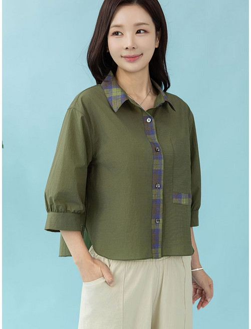 [디얼마미] 체크 배색 포켓 카라 남방 마담 미시 중년 여성 빅사이즈 40대 50대