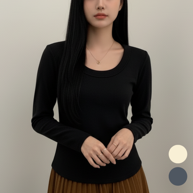 옐로우피치 여성긴팔티 U넥 피치기모 여자 기모티셔츠