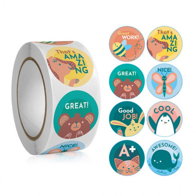 동물 칭찬 동기부여 스티커, 1세트, 혼합(S1509) 500매입