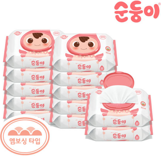 순둥이 베이직 무향 엠보싱 유아물티슈 캡형, 55g, 20매, 12개