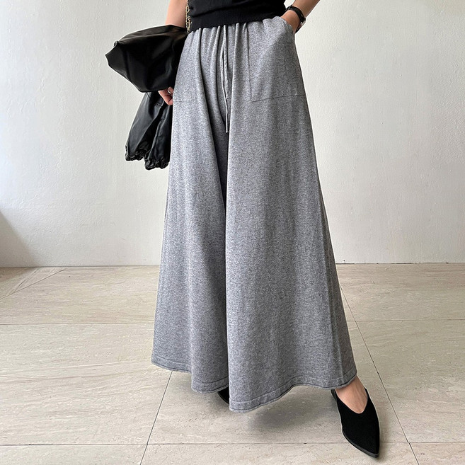 네모엔룩 보들와이드 여성용 허리밴딩 스트링 포켓장식 캐주얼 와이드핏 롱 니트 팬츠