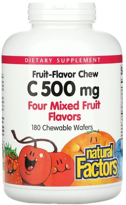 내추럴팩터스 비타민C 500mg 츄어블 180개 웨이퍼 천연과일맛 비건 아스코르브산, 1개, 180정 - 쿠팡