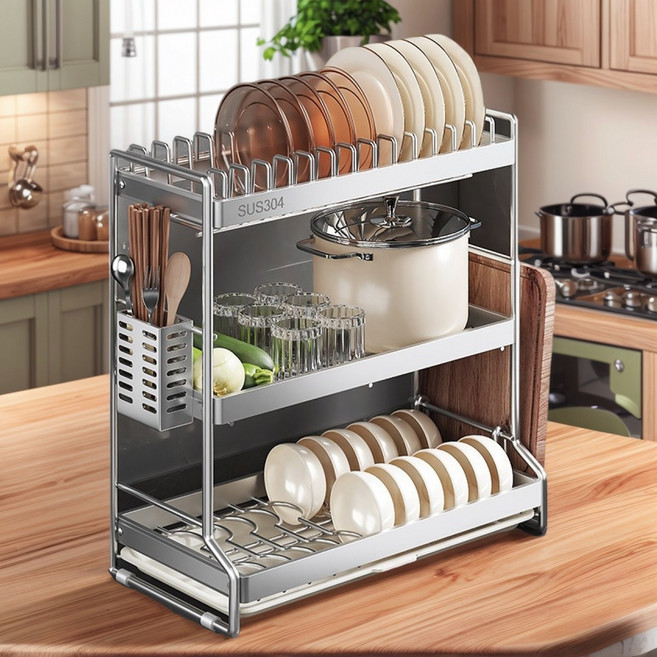 Majesun 304 스테인리스 스틸 다층 선반 솔리드 소재 대용량 가벼운 주방 식기 수납 당김 배수 + 미끄럼 방지 매트, 1개