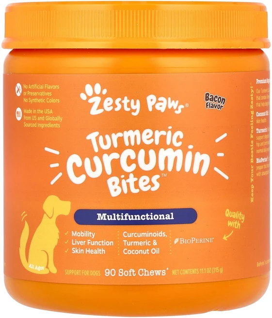 Zesty Paws 반려견용 Turmeric Curcumin Bites 매일 생기 보충 모든 연령용 베이컨 맛 소프트츄 90개 Paws (제스티 포즈), 1개 - 쿠팡
