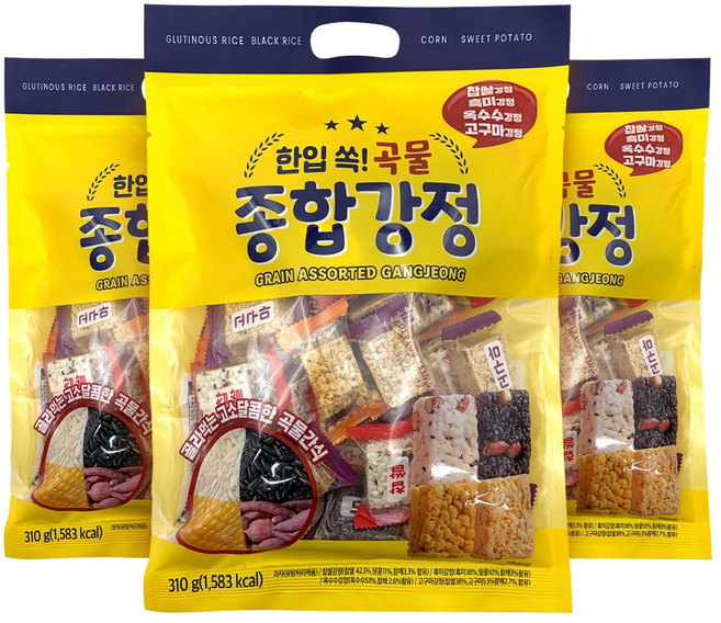 곡물 종합강정 찹쌀 흑미 고구마 옥수수 4가지맛 개별포장 강정, 3개, 310g