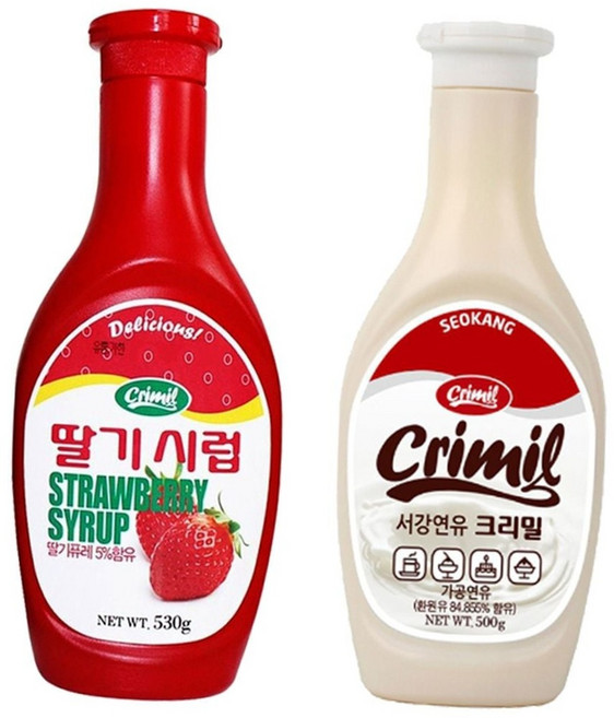 홈카페 딸기시럽 530g 가공 연유 500g 세트 빙수 디저트 토핑 베이킹 재료 과일시럽 달달한시럽