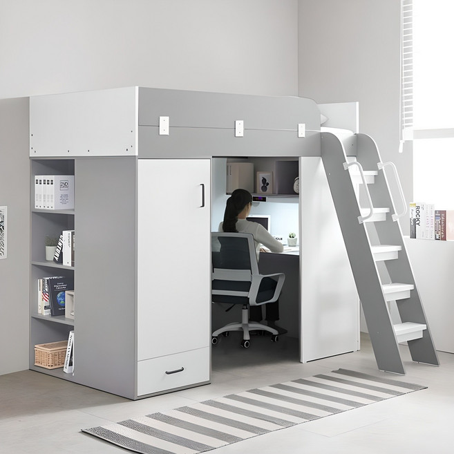 e스마트 하우스 2층 성인 책상 수납 벙커침대 풀세트 SS, (풀세트) 그레이