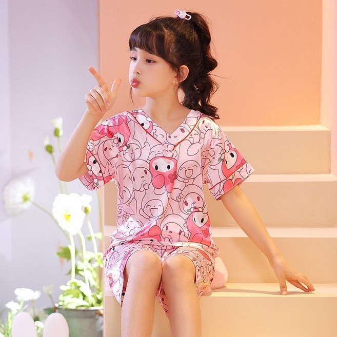 女童冰絲睡衣套裝 韓國卡通V領家居服 中大童短袖