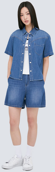 [잠뱅이] 여성 린넨 반밴딩 워싱 A라인핏 3부 데님 팬츠 미디엄블루