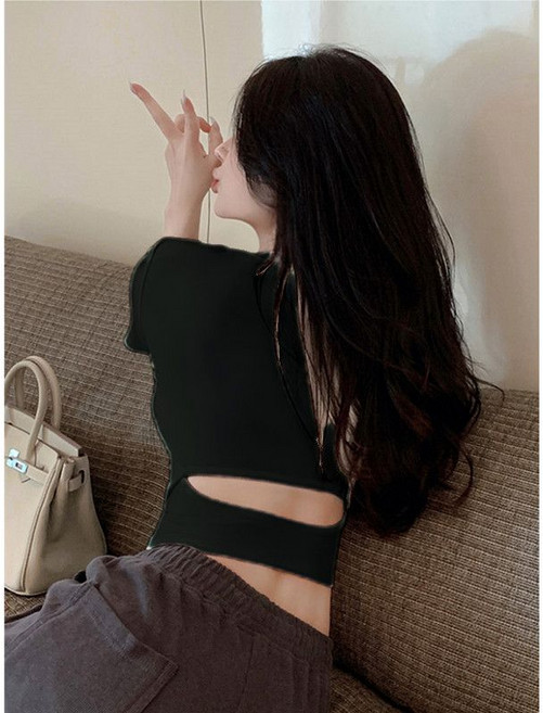 辣妹露臍短袖T恤女 露背修身顯瘦緊身時尚上衣, 1個, 黑色【U領/短款/露背】L 【建議115斤以內】