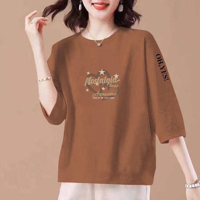 MOSAIRATION 여성 7부소매 캐주얼 티셔츠 순면 베이직 프린팅 라운드넥 반팔 티셔츠 V021704