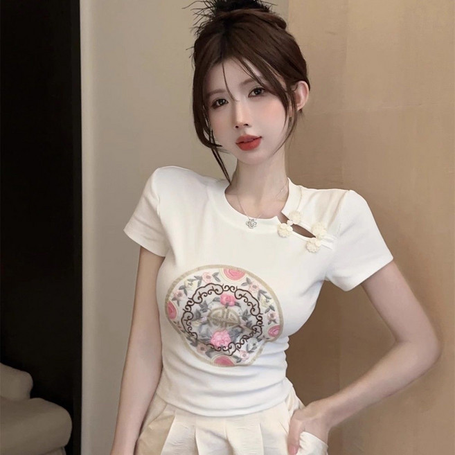 新中式國風旗袍盤扣刺繡短袖T恤女