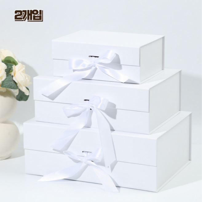 홈앤힐링 고급 선물상자 접이식 리본 싸바리 상자, 2개, 크린 화이트