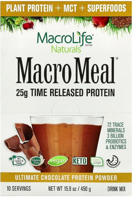 Macrolife Naturals Macro Meal® 얼티밋 프로틴 파우더 초콜릿 맛 10팩 각 45g(1.6oz) Naturals (마이크로라이프 내추럴), Macrolife Naturals (마이크로라이프 내추, 450g, 1개 - 쿠팡