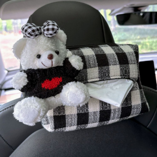 티쯔 차량용 체크 티슈 케이스 암레스트 헤드레스트 화장지 캠핑용 휴지걸이, 베어블랙, 1개