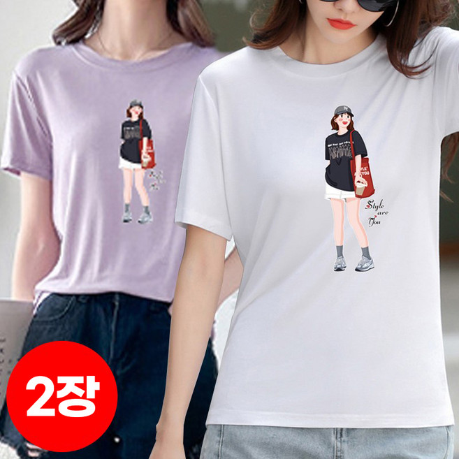 1+1 스타일아유 여성 반팔 티셔츠 비스코사 루즈핏 라운드넥 트렌디한 프린트 캐주얼 TS3443