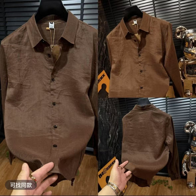 時尚綠色春秋高品質亞麻襯衫男英倫風長袖上衣潮流百搭韓版襯衣服