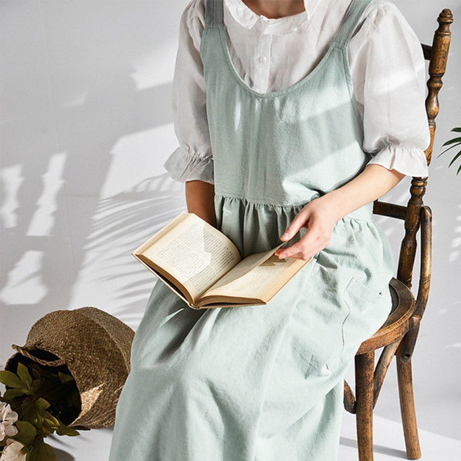 린넨 프릴 원피스 앞치마, 베이지, 1개