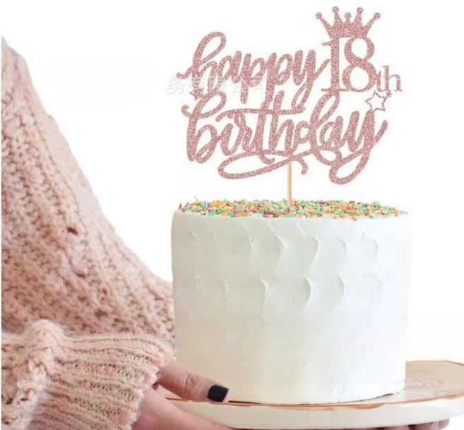 閃亮18歲生日快樂插牌，皇冠裝飾，蛋糕裝飾, 玫瑰金皇冠蛋糕插, 1個