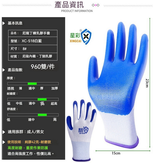 彈性耐磨 XC-518 工作防護手套, 1個, 藍色 丁半膠33克手套