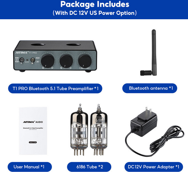 앰프 PRO 5 1 컨트롤 진공관 APTX HD 베이스 트레블 프리앰프 6186 튜브 AIYIMA T1 QCC3040 톤 블루투스, 4) T1 PRO with 12V US