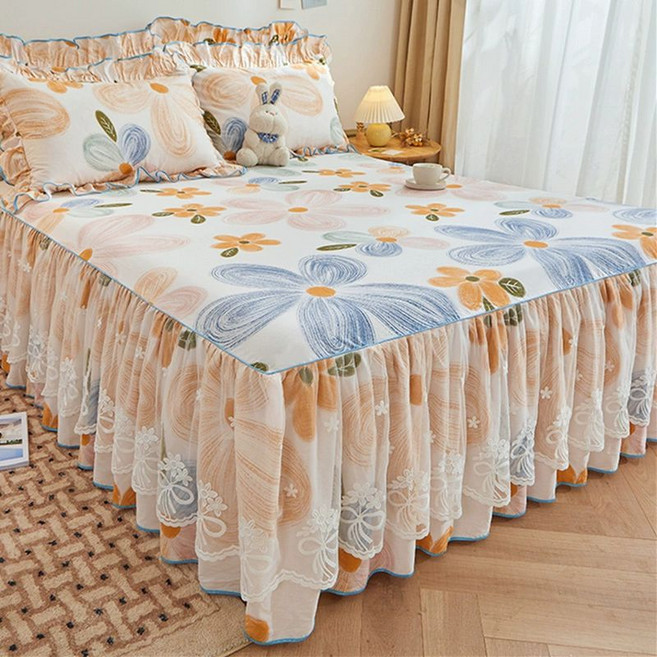 예쁜 꽃무늬 순면 레이스 침대 스커트 슈퍼킹 라지킹 퀸 매트리스 베드 패드 롱 커버