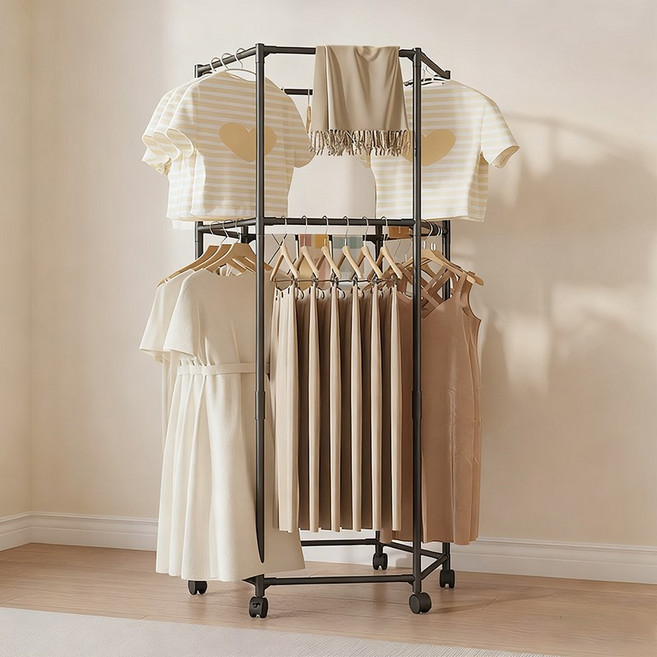 호밍사이 2단 다용도 건조대 튼튼한 이동식 360도 회전 가정용 빨래건조대, 블랙