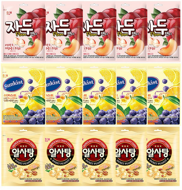 해태 자두캔디 130gx5개+알사탕 126gx5개+썬키스트캔디 125gx5개(총15개), 1세트, 1.905kg