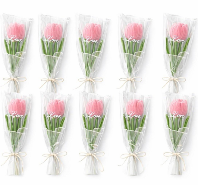 모루 튤립 10개 세트 꽃다발 DIY 키트 생일 축하 선물, 10세트, 연핑크