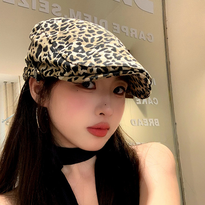 美式復古豹紋鴨嘴帽 女款夏季設計感貝雷帽