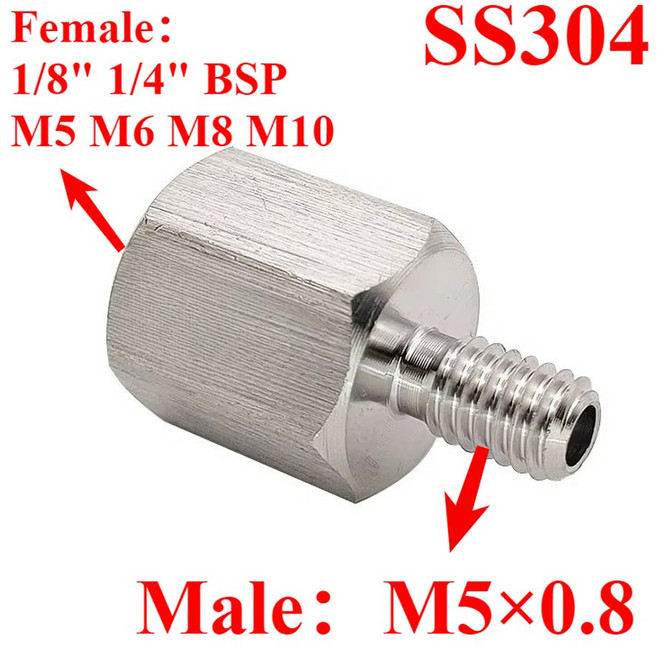 여성 304 BSP 육각 10 남성 스테인레스 M5 피팅 M5 부싱 압력 어댑터 감속기 고압, Male to female, 1l4 BSPP Female, M5x0.8 Male, 1개