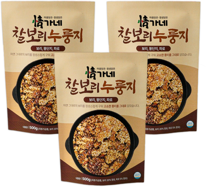 [TV홈쇼핑정품 인포벨]정가네 찰보리 누룽지 고단백 돼지감자 파로 장미화 건강 끓여먹는 영양 가마솥 누룽지, 3개, 500g